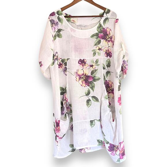 Vasna Dresses & Skirts - Vasna White Floral Linen Pocket Tunic Shift Dress Size L Boho Lagenlook Italy